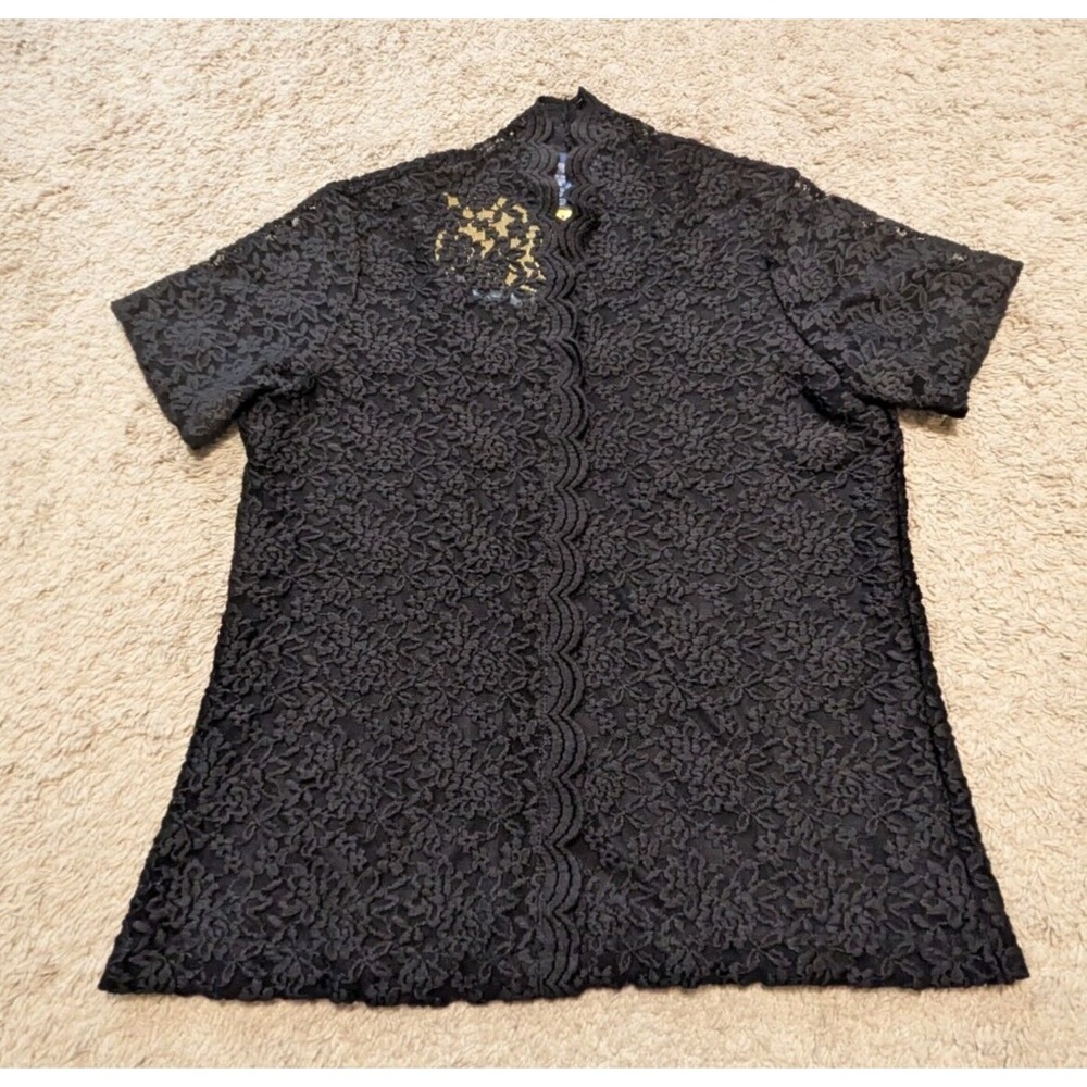 Susan Graver Lace High Neck Top Sz M Scallop Black‎ Whimsigoth Grunge Asian NWT